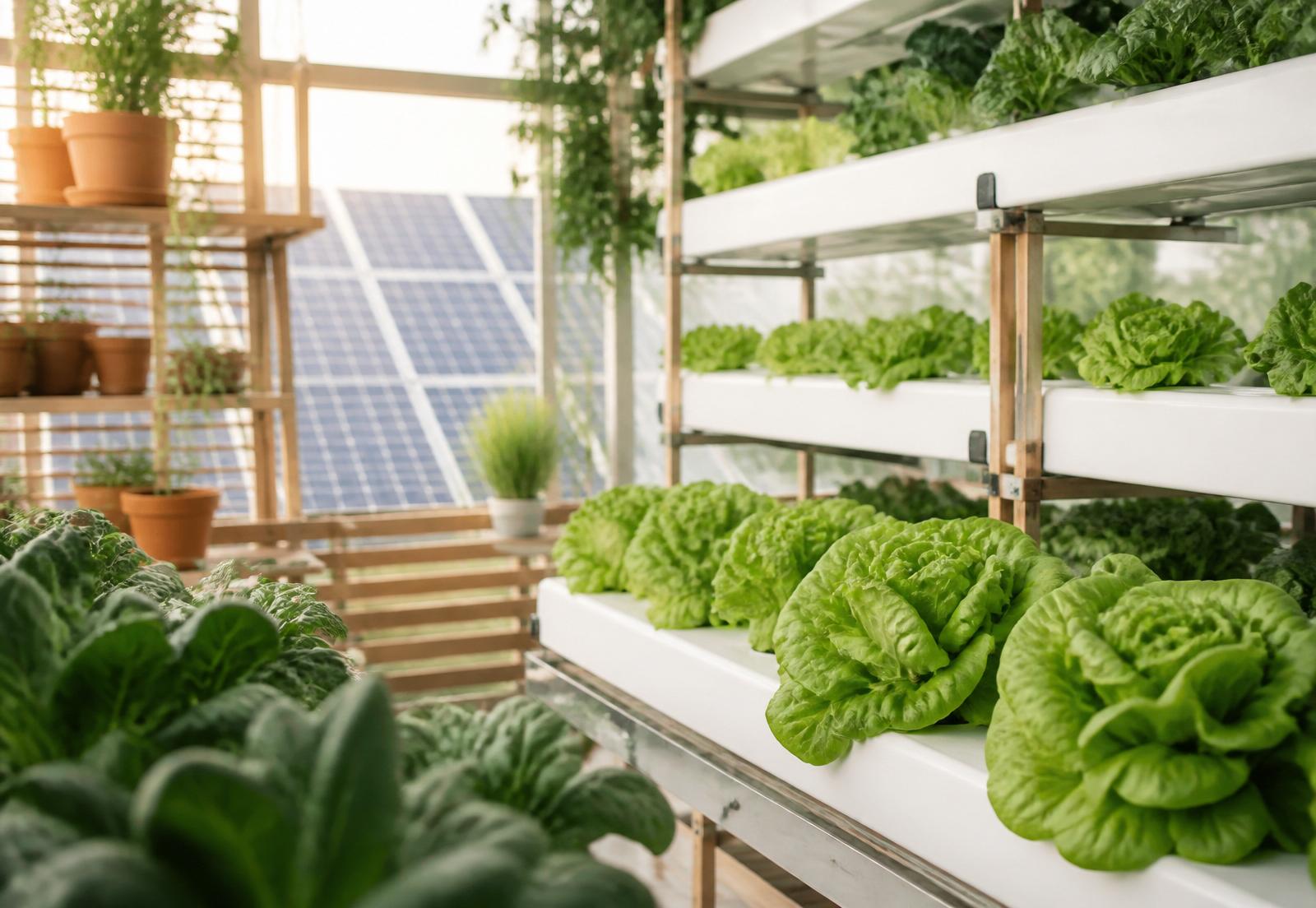 Rows of butterhead lettuce growing in a hydroponic greenhouse with solar panels visible