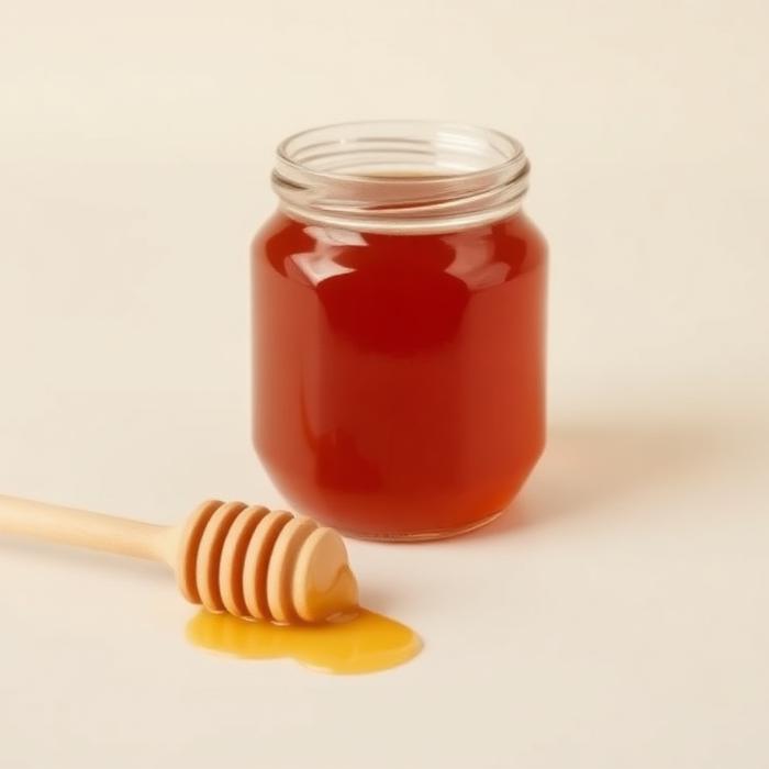 Glass jar of raw forest honey with wooden dipper