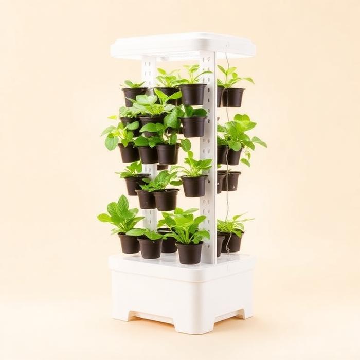 Vertical hydroponic starter tower with 12 net pots