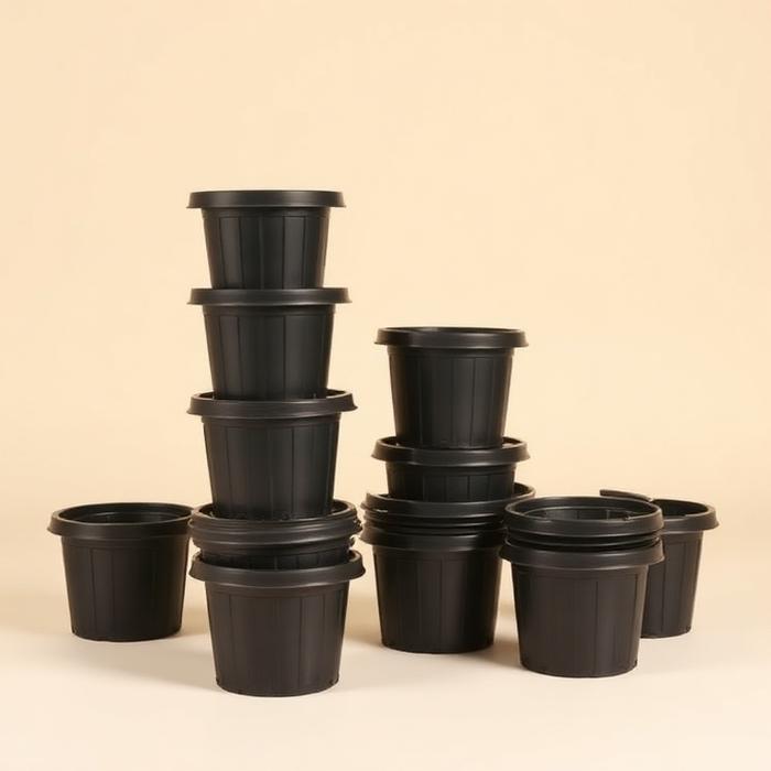 Stack of black hydroponic net pots