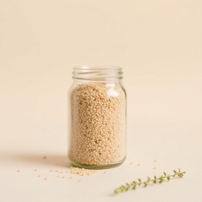 Glass jar of organic white quinoa